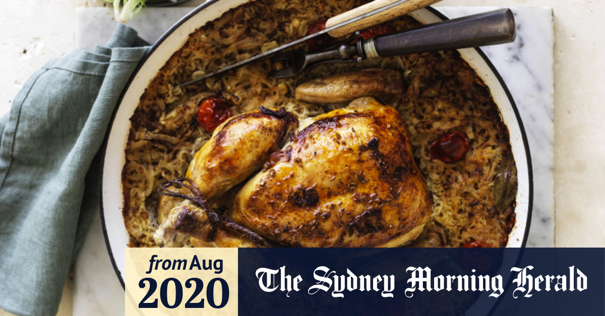 Karen Martini recipe roast chicken on baked rice with tomato, cumin